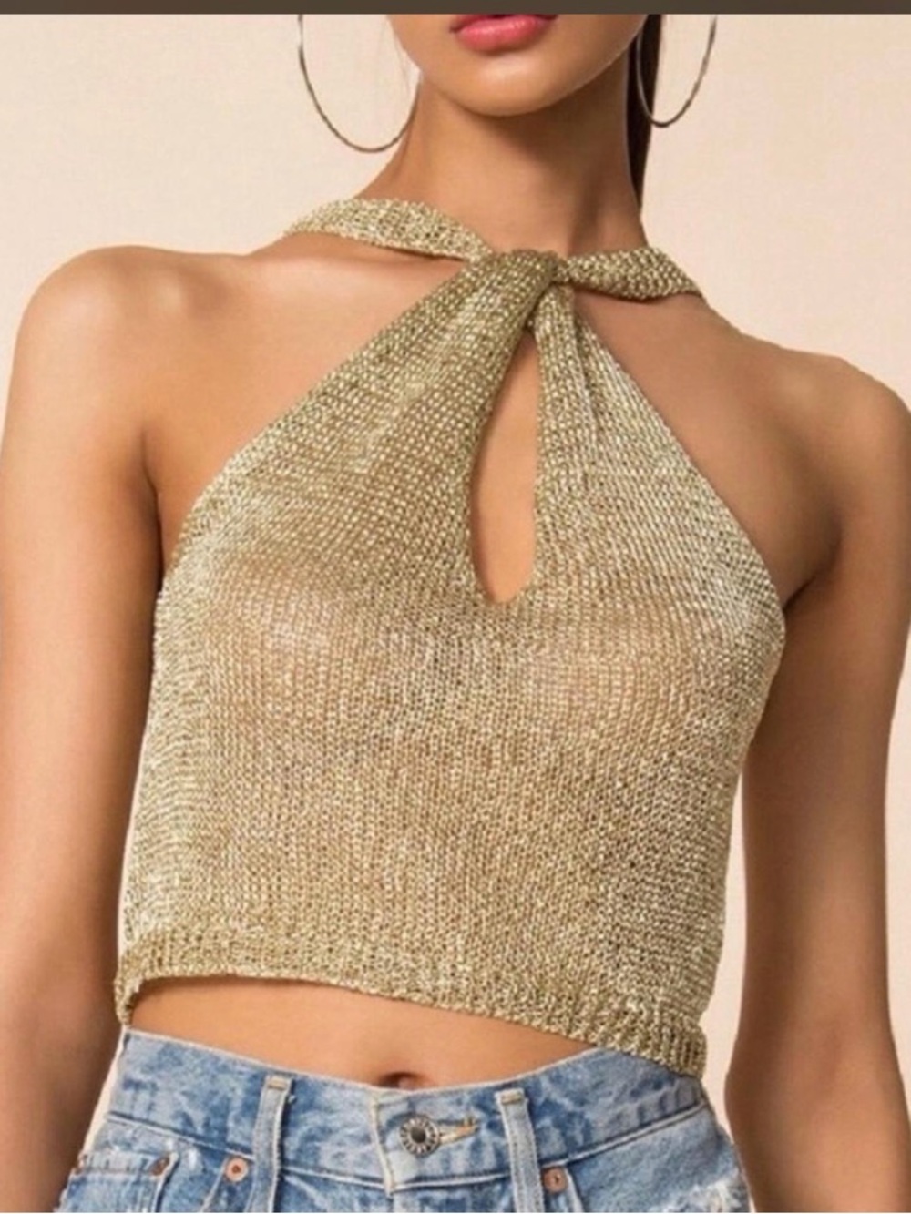 superdown Gold Halter Knit Crop Top
